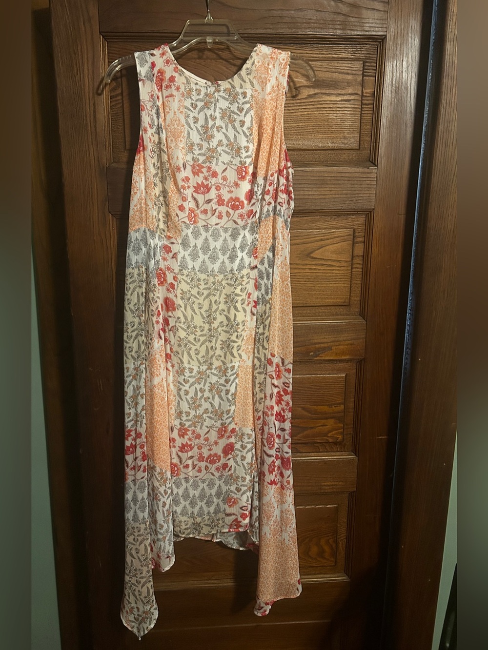 Chaps Sleeveless Patchwork Floral Maxi Dress - Cream, Coral & Gray